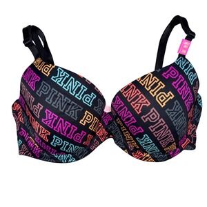 Victoria's Secret PINK Lightly Lined Push Up‎ Bra Black Logo Print 34D